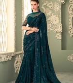 Teal embroidered georgette saree with blouse