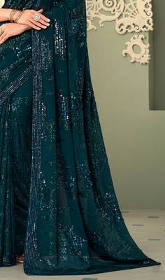 Teal embroidered georgette saree with blouse 3