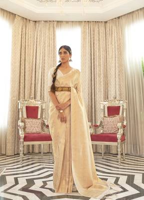 Cream Kaabha Beautiful Silk Saree With Gold Zari Weaving Blouse 1