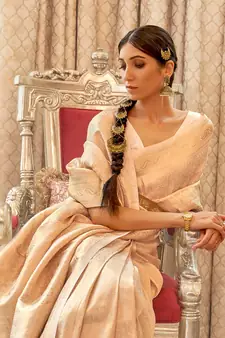 Cream Kaabha Beautiful Silk Saree With Gold Zari Weaving Blouse