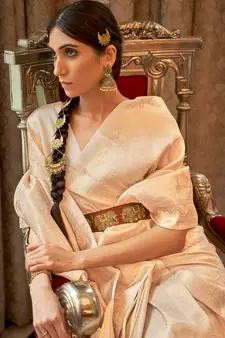 Cream Kaabha Beautiful Silk Saree With Gold Zari Weaving Blouse