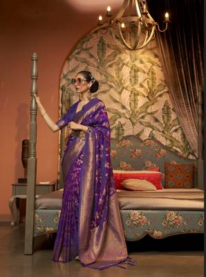 Violet Kaffila Beautiful Silk Saree With Gold Zari Weaving Blouse For Women 1