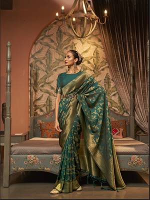 Green Kaffila Beautiful Silk Saree With Gold Zari Weaving Blouse For Women 1