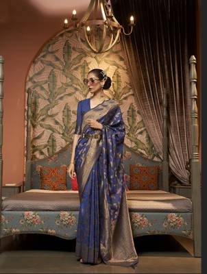 Blue Kaffila Beautiful Silk Saree With Gold Zari Weaving Blouse For Women 1