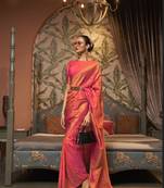 Orange Kaffila Beautiful silk blend Saree With Gold Zari Weaving Blouse For Women