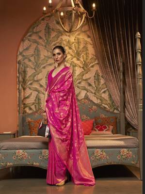 Pink Kaffila Beautiful Silk Saree With Gold Zari Weaving Blouse For Women 1