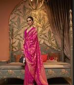 Pink Kaffila Beautiful Silk Saree With Gold Zari Weaving Blouse For Women