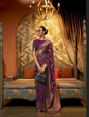 Purple Kaffila Beautiful Silk Saree With Gold Zari Weaving Blouse For Women 1