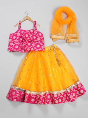 Yellow hand woven silk blend girls-top-bottom 1