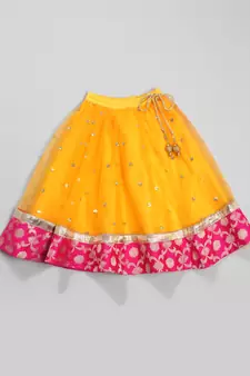 Yellow hand woven silk blend girls-top-bottom