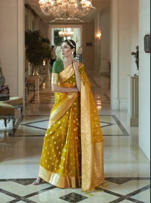 Women'S Designer Yellow Soft Organza Silk Saree With Gold Zari Weaving Blouse 1