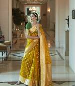 Women'S Designer Yellow Soft Organza Silk Saree With Gold Zari Weaving Blouse
