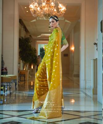 Women'S Designer Yellow Soft Organza Silk Saree With Gold Zari Weaving Blouse 2