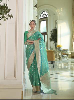 Women's Designer Teal Soft Organza Silk Saree with Gold Zari Weaving Blouse 1