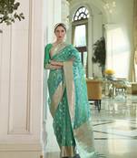 Women's Designer Teal Soft Organza Silk Saree with Gold Zari Weaving Blouse