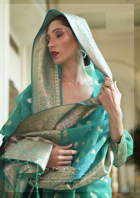 Women's Designer Teal Soft Organza Silk Saree with Gold Zari Weaving Blouse 2