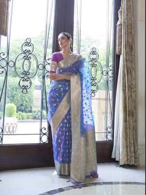 Women'S Designer Blue & Purple Two Torn Soft Organza Silk Saree With Gold Zari Weaving Blouse 1