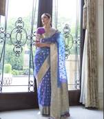 Women'S Designer Blue & Purple Two Torn Soft Organza Silk Saree With Gold Zari Weaving Blouse
