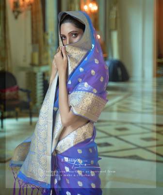 Women'S Designer Blue & Purple Two Torn Soft Organza Silk Saree With Gold Zari Weaving Blouse 2