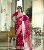 Women'S Designer Ruby Red Soft Organza Silk Saree With Gold Zari Weaving Blouse