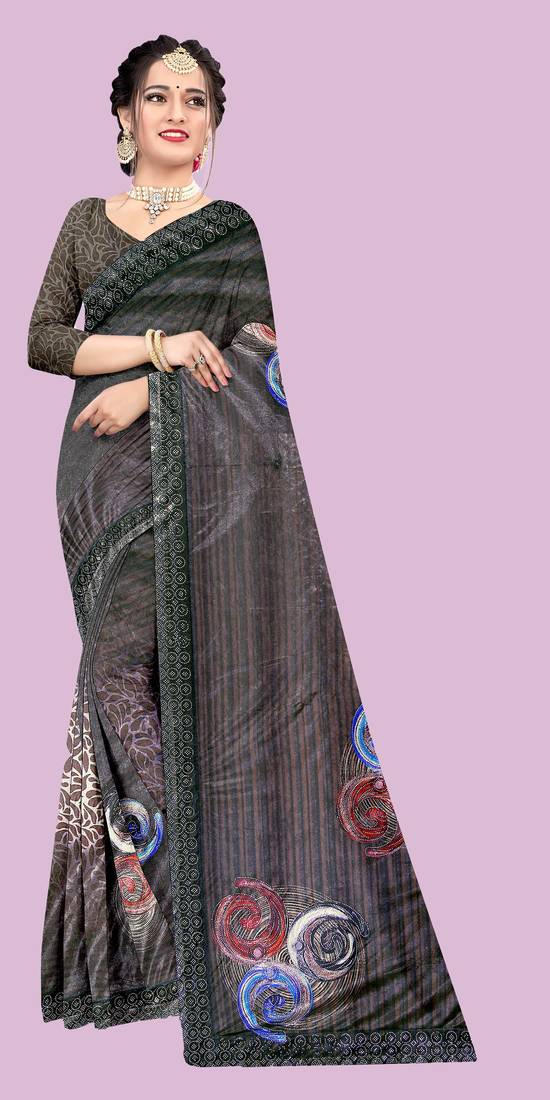 Grey embroidered lycra saree with blouse