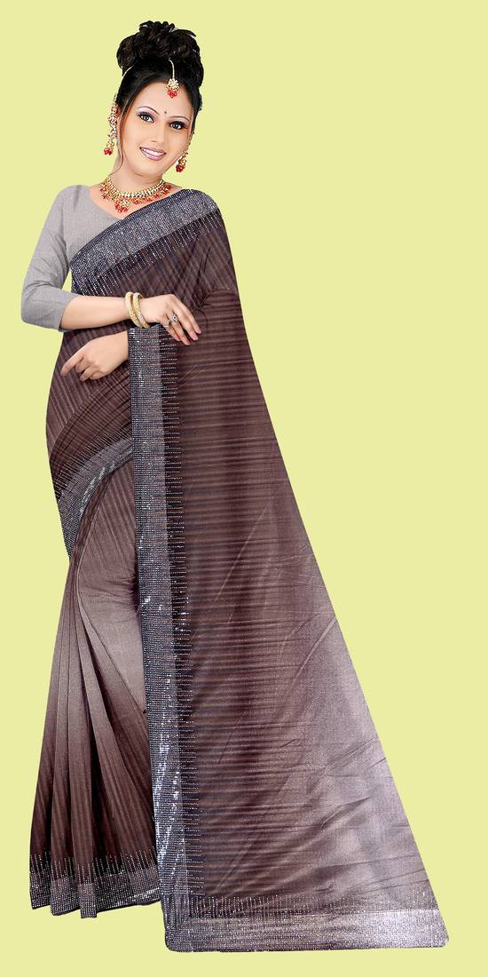 Brown embroidered lycra saree with blouse