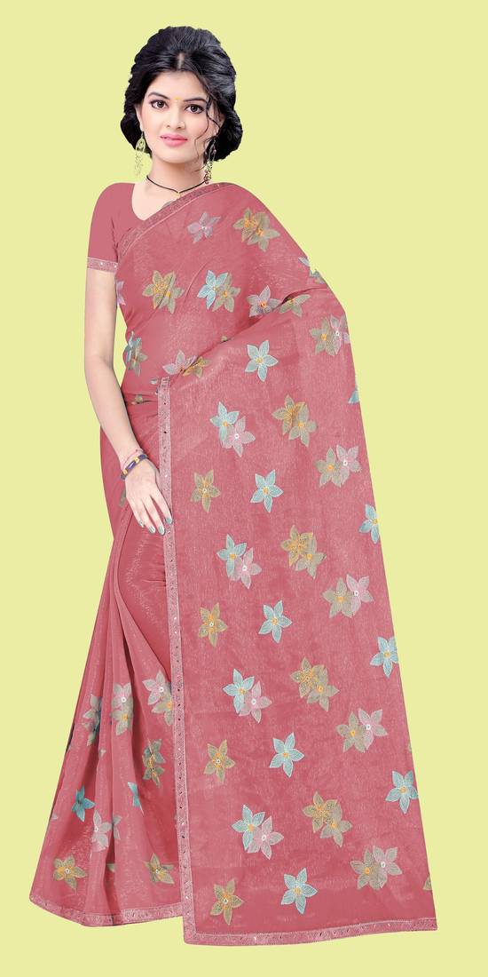 Pink embroidered shimmer saree with blouse