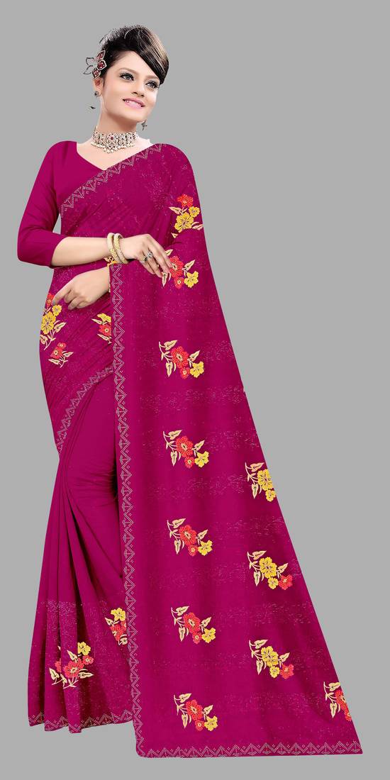Pink embroidered shimmer saree with blouse