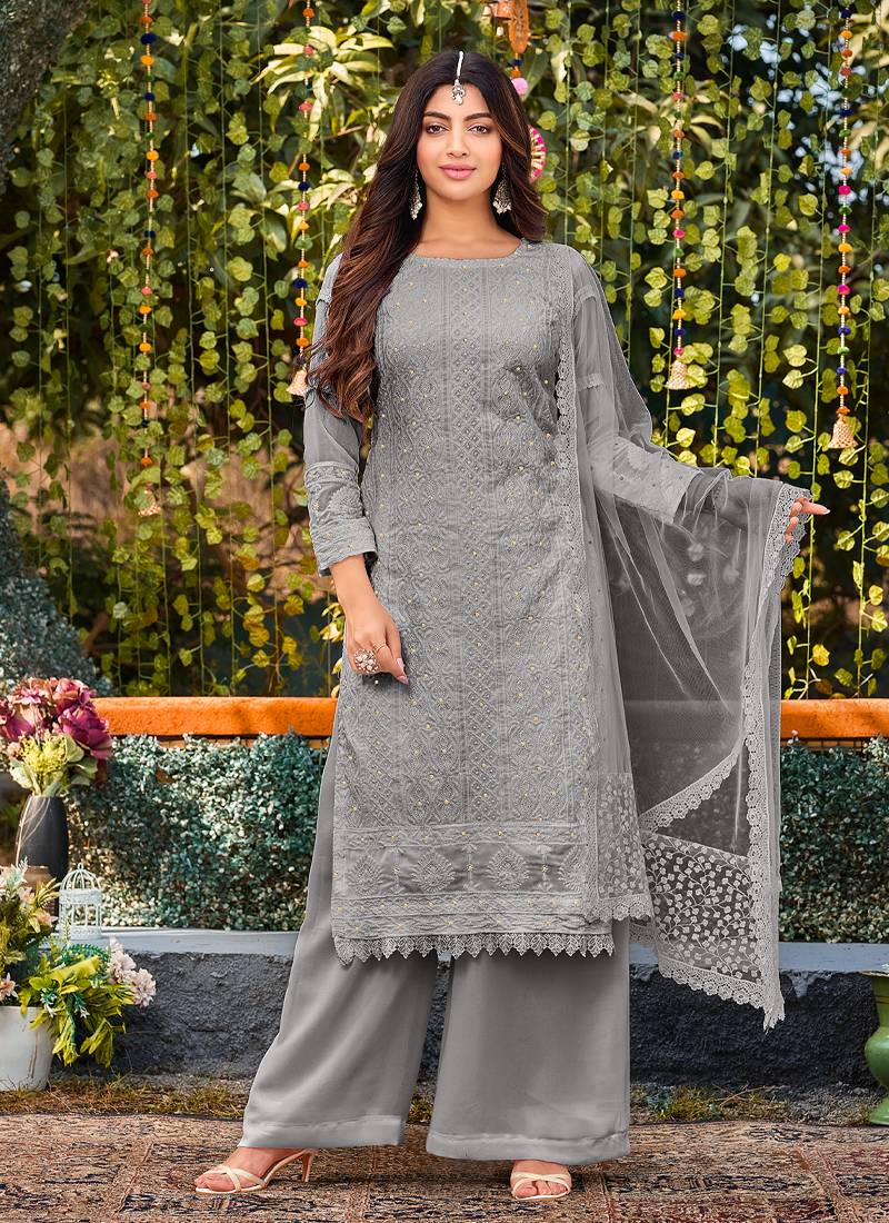 Grey Georgette Chikankari Style Suit