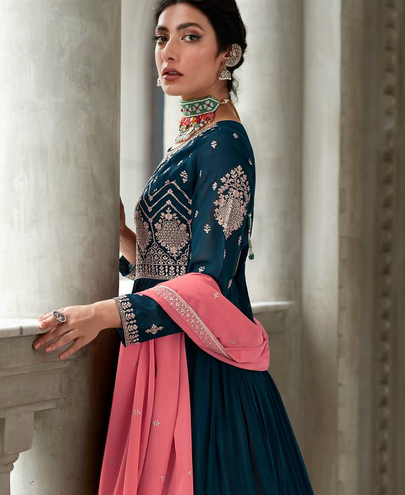 Real Shimmer Silk Teal Blue Palazzo Style Suit