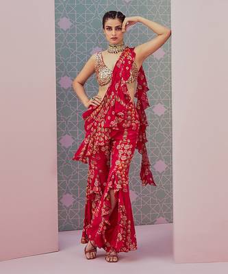 Sequence Blouse Paired With Red Ruffle Saree Drape 1