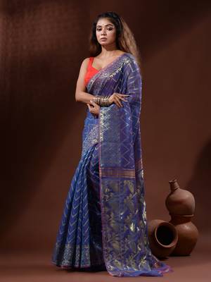 Sapphire Blue Silk Cotton Handwoven Jamdani Saree With Zari Woven Chevron Designs Without Blouse 1