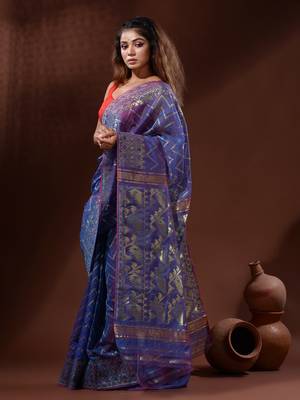 Sapphire Blue Silk Cotton Handwoven Jamdani Saree With Zari Woven Chevron Designs Without Blouse 3