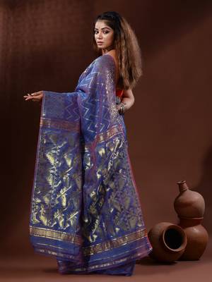 Sapphire Blue Silk Cotton Handwoven Jamdani Saree With Zari Woven Chevron Designs Without Blouse 4