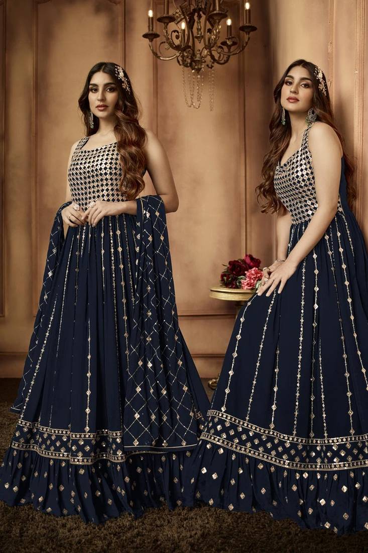 Navy blue embroidered georgette salwar kameez