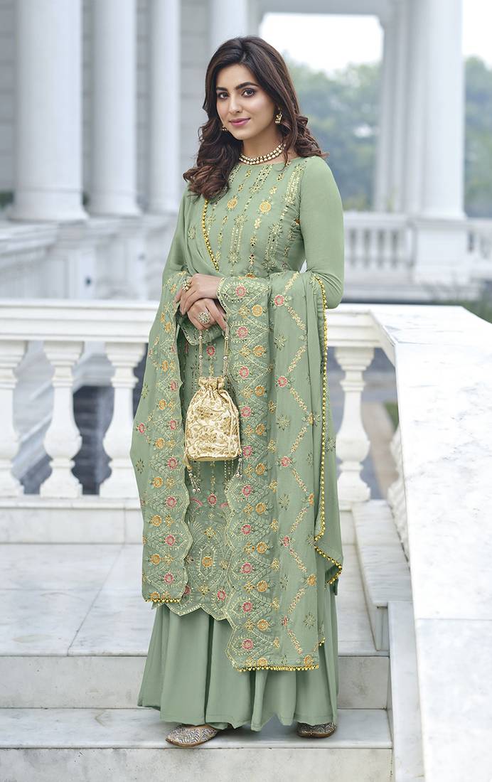Dark sea green georgette embroidered salwar kameez