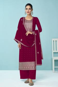Magenta Embroidered Georgette Trendy Salwar Suit