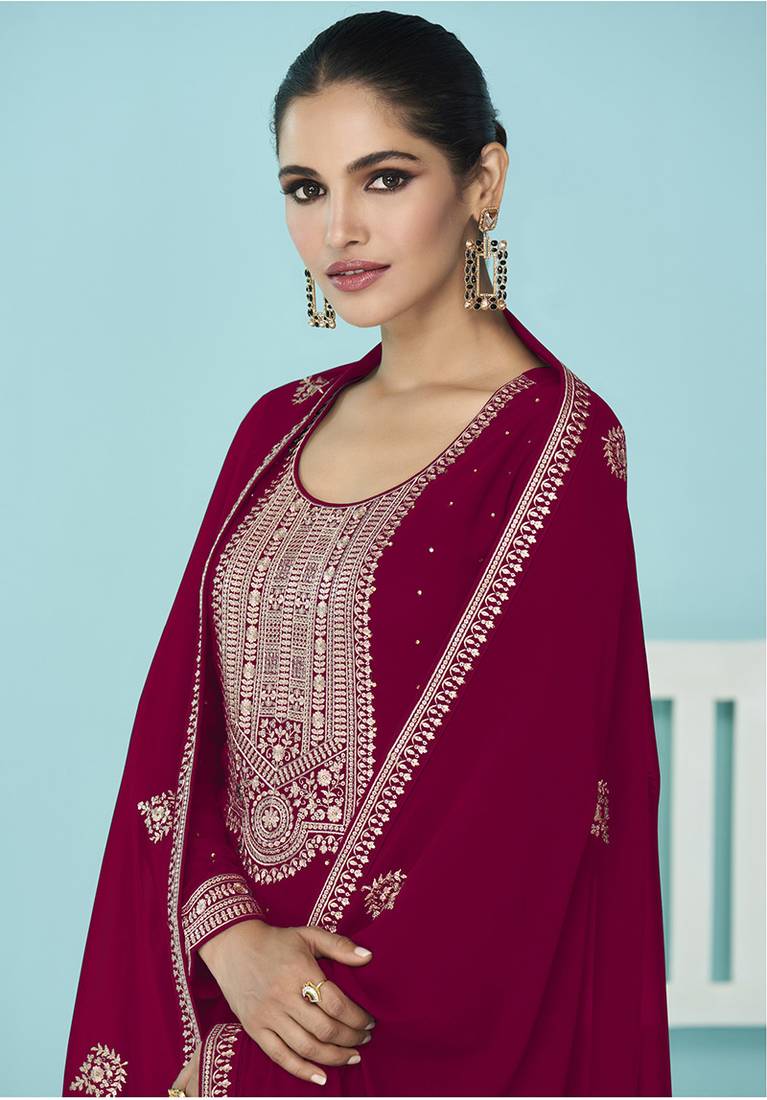 Magenta Embroidered Georgette Trendy Salwar Suit
