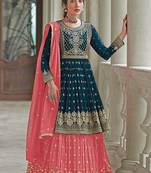 Blooming  Royal Blue & Pink Siquance work Festival Wear