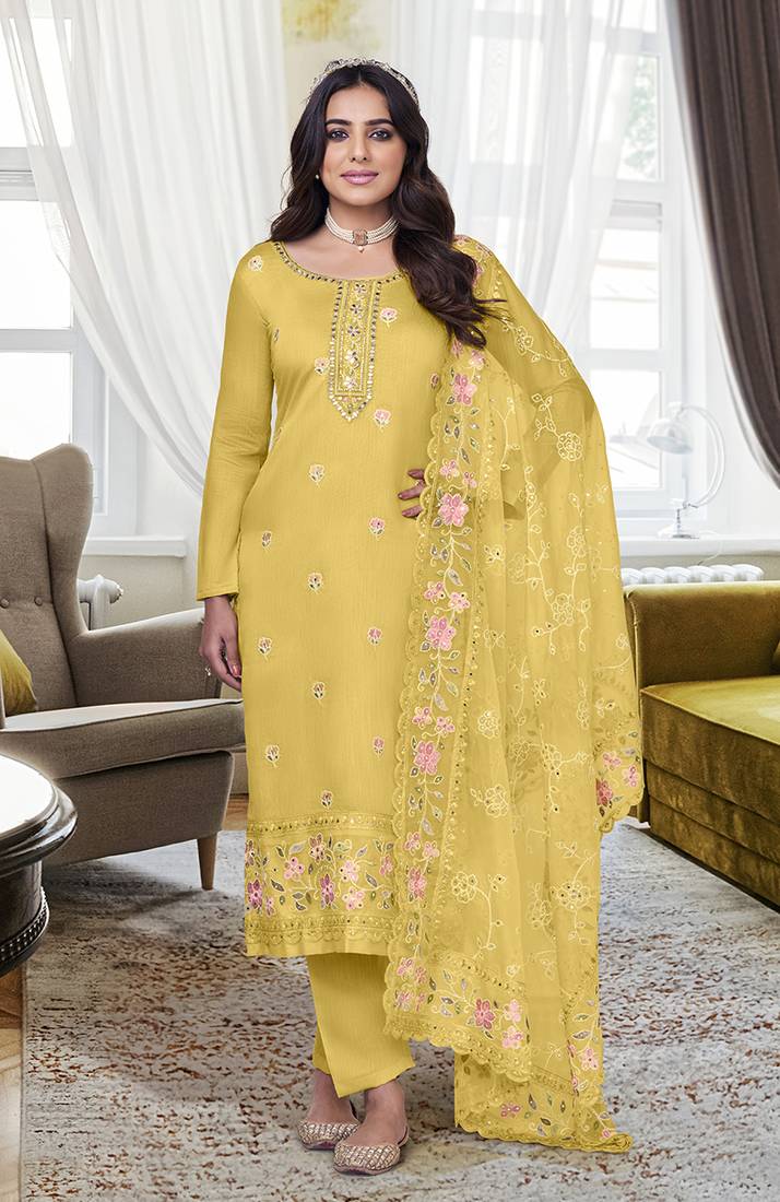 Maheshwari viscose silk Embroidred Suit in Yellow