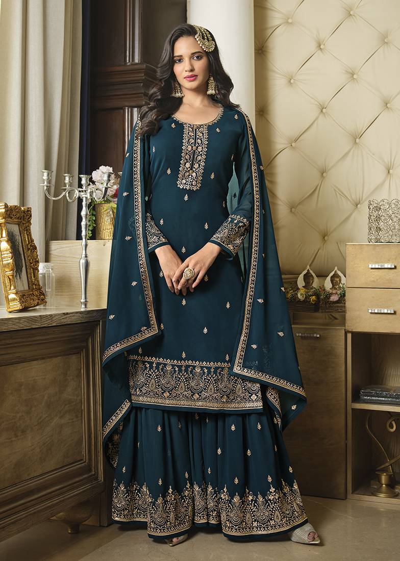 Georgette Embroidered Dark Teal Salwar Kameez