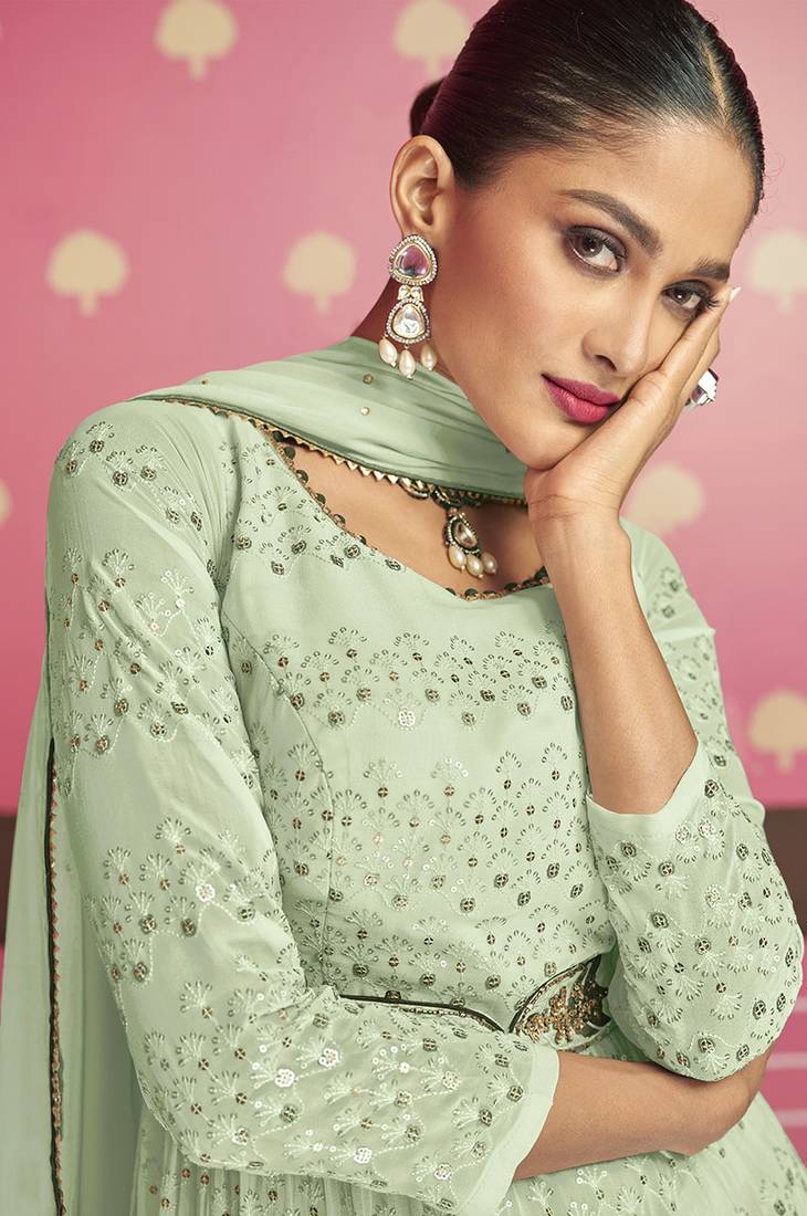 Designer Georgette Suit in Sea Green with Sequins Work