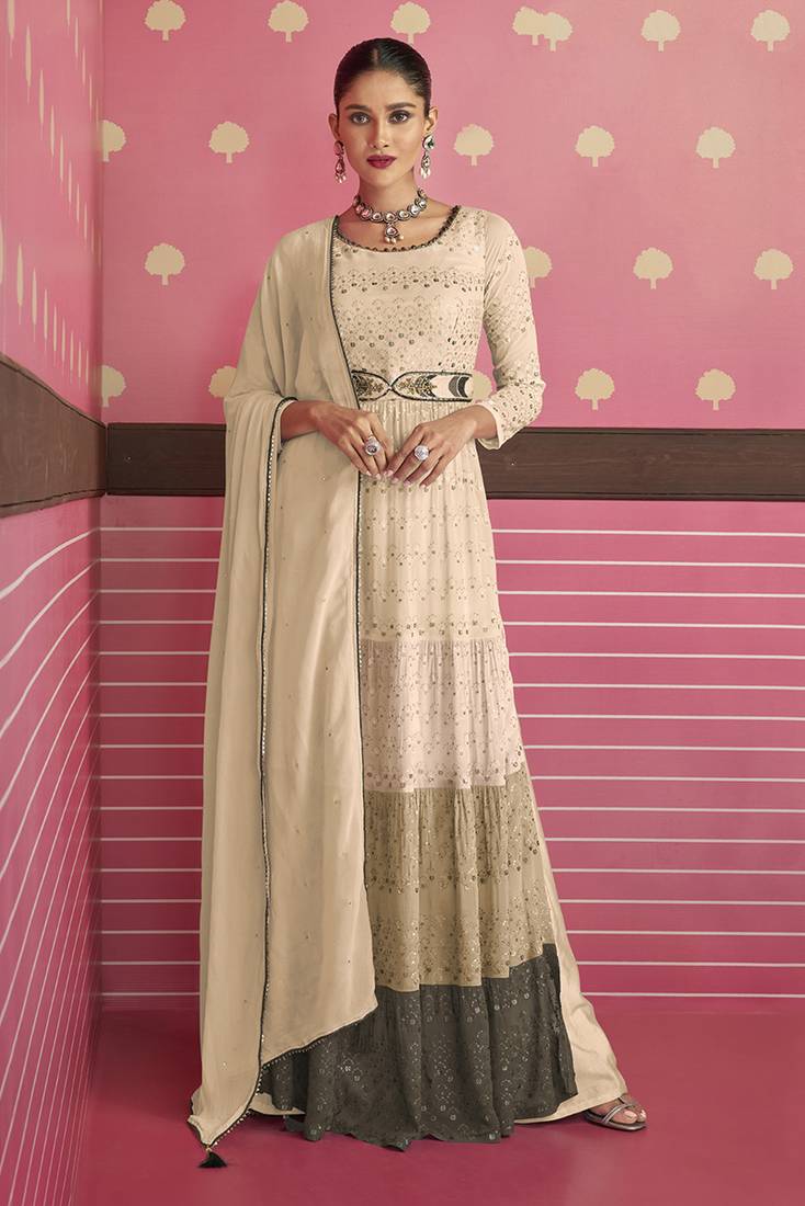 Designer Georgette Suit in Beige with Sequins Work