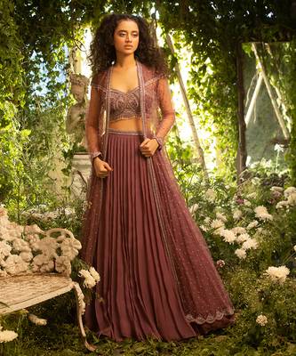 Maroon Organza Embroidered Jacket Lehenga Set 1