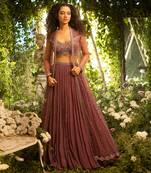 Maroon Organza Embroidered Jacket Lehenga Set