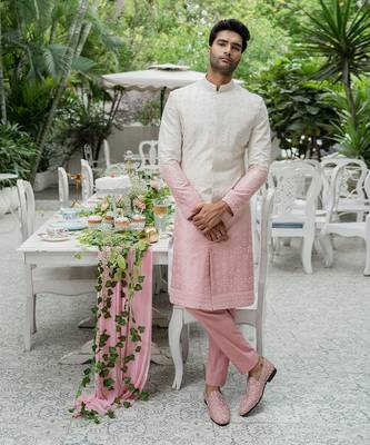 Beige & Amaranth Pink Ombre Sherwani Set 1