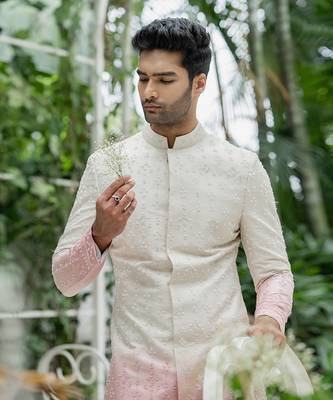 Beige & Amaranth Pink Ombre Sherwani Set 2