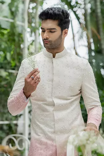 Beige & Amaranth Pink Ombre Sherwani Set