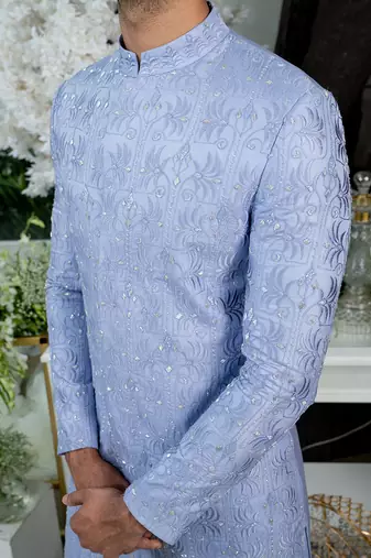 Lilac Blue Geometric Floral Sherwani Set