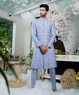 Lilac Blue Geometric Floral Sherwani Set 1